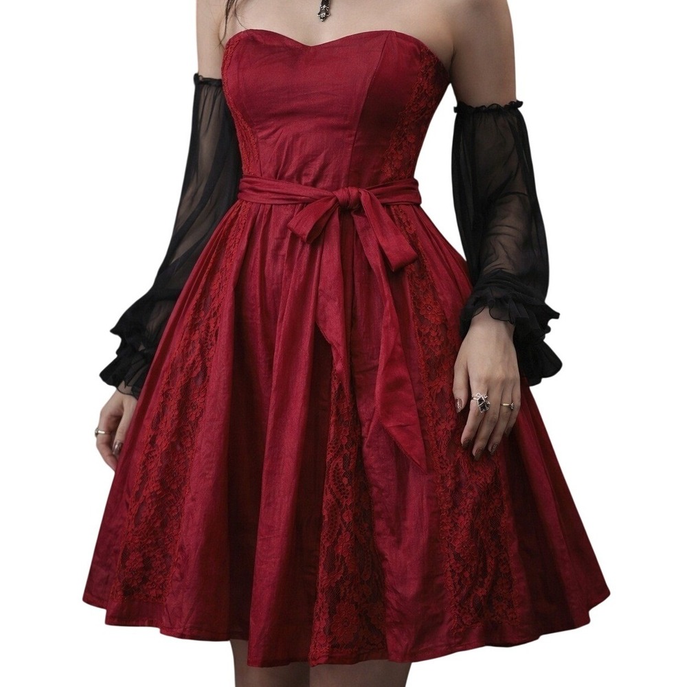 Moulinette Soeurs Goth Whimsigoth Lace Inset Strapless Red Cotton Dress 2